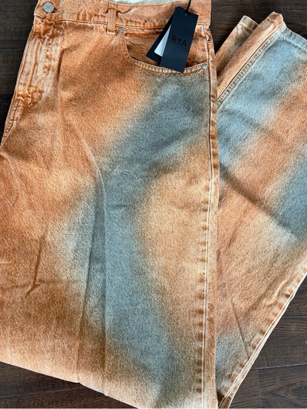 RtA Two-Tone Washed Relaxed Jeans — Rust & Light Gray